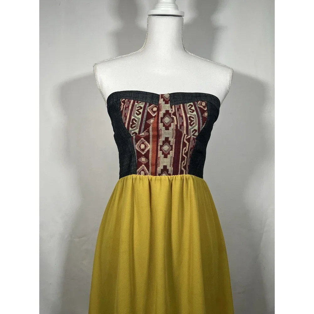 Flying Tomato Women's Strapless Dress Geometric‎ Tapestry Denim Hi/Low Size M